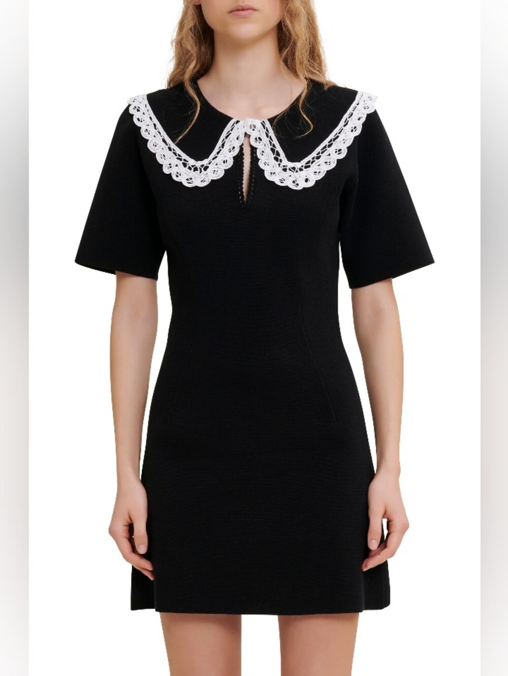 Maje Rimandal Peter Pan Collar Cotton Knit Minidress Black Size EU38